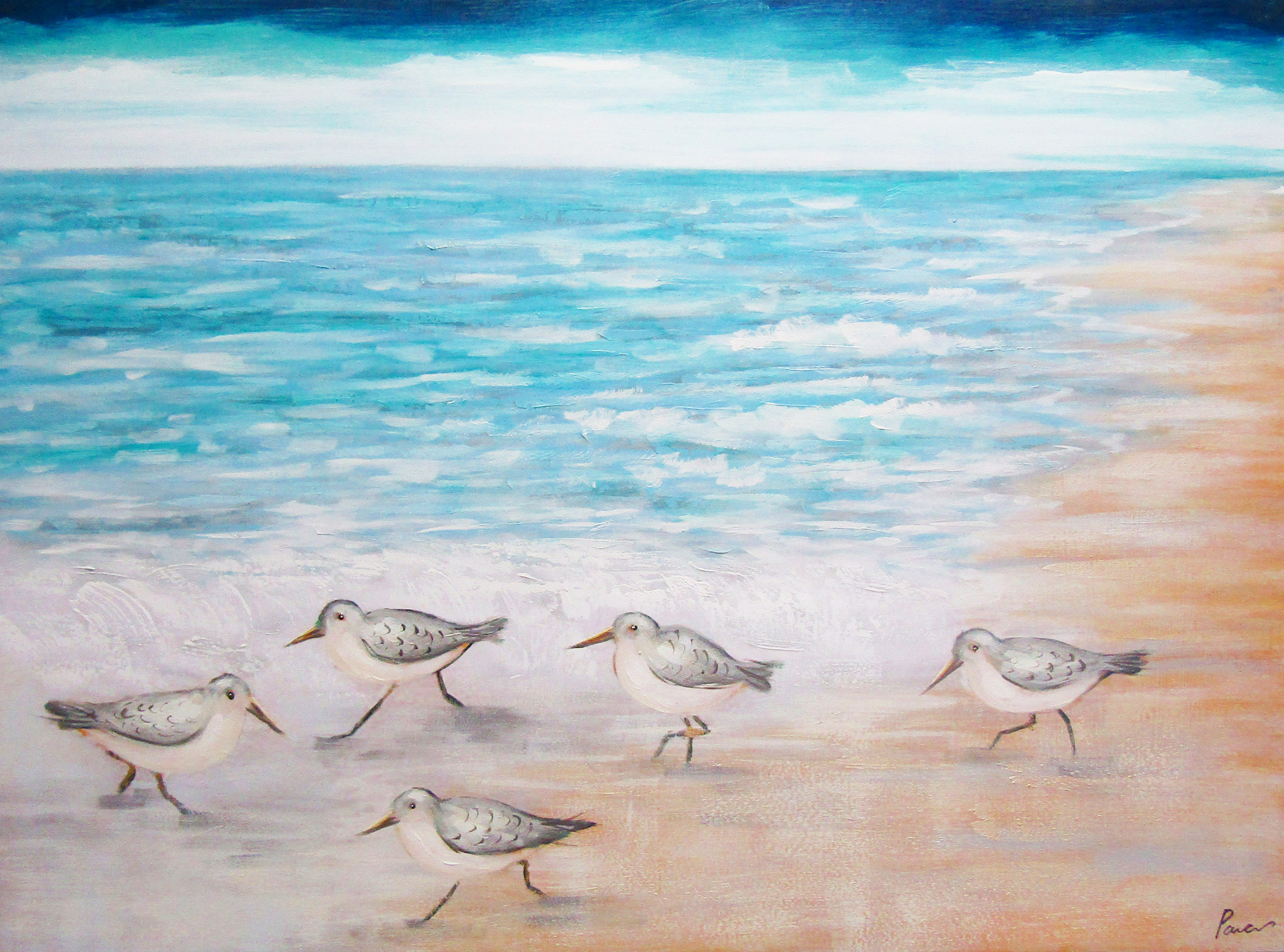 PXFC359 Wall décor art oil on canvas seascape birds on beach blue white orange tones